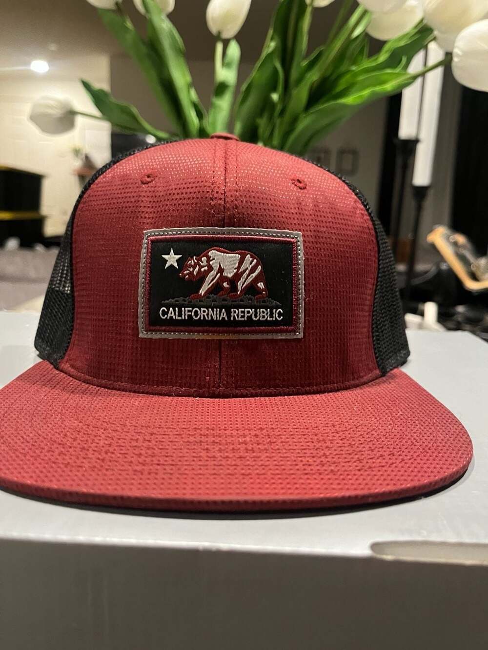 Original Cali California Republic Bear Flag Flat Bill Mesh Trucker Hat Maroon/Bl